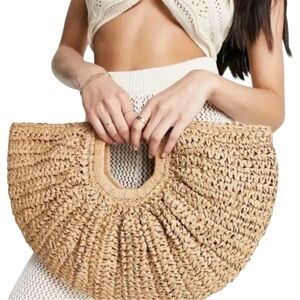 NEW RAMLA Raffia Woven Straw Half-Moon Tote Bag | Boho Summer Beach Purse